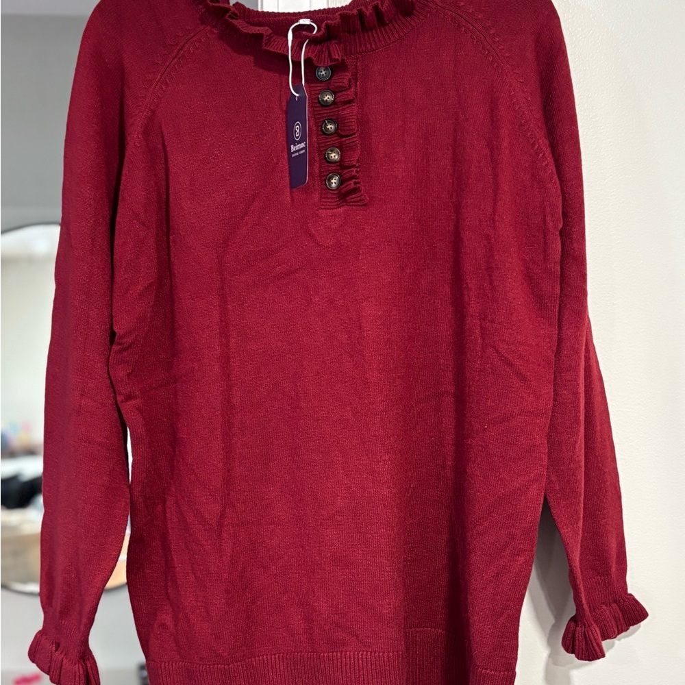Red Ruffled Button Sweater